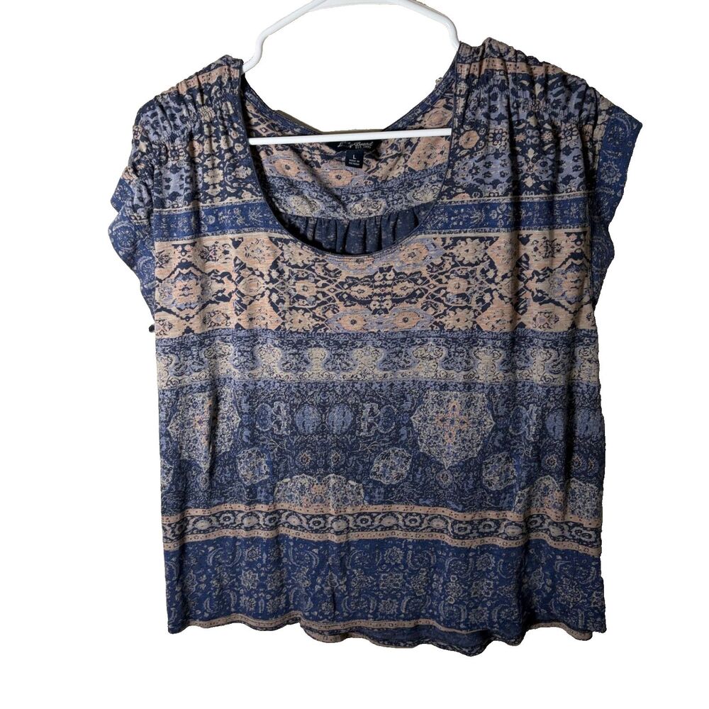 Lucky Brand T-Shirt Women's Large Blue Printed Round Neck Cap Sleeve Top